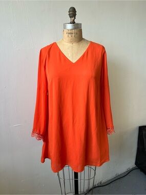 Neiman Marcus V‑Neck Tunic in Bright Orange with Lace Cuffs